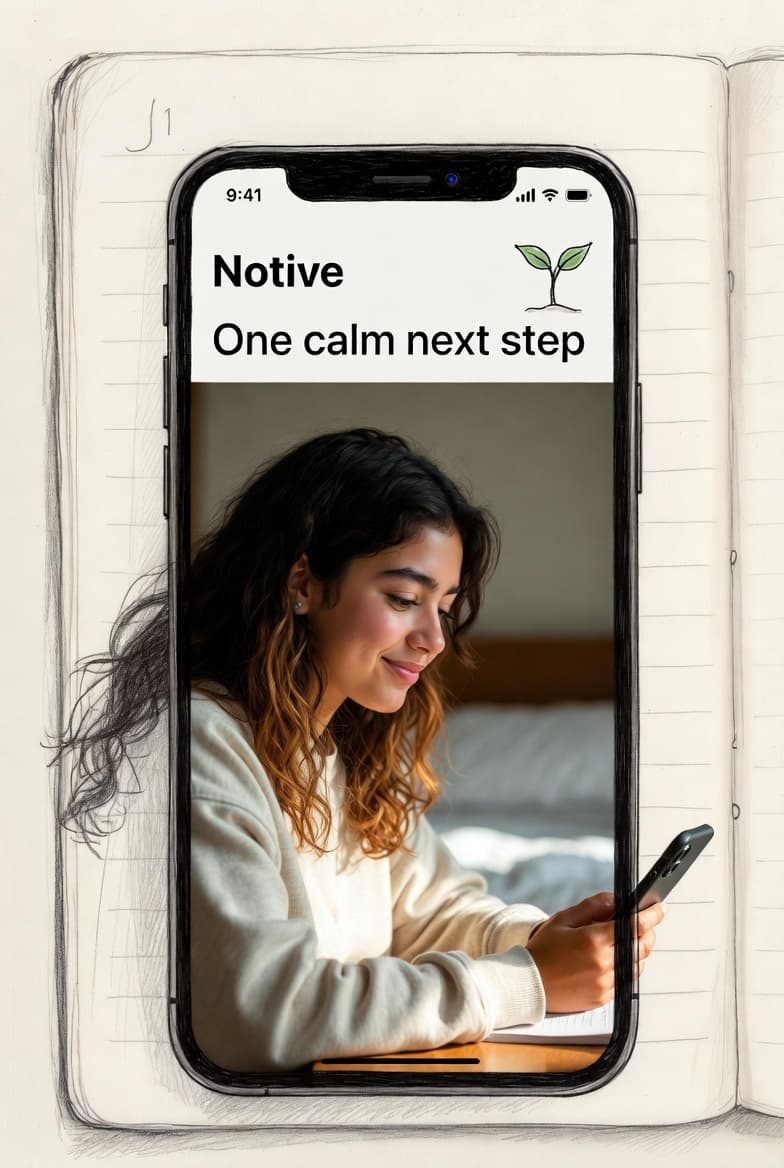 Teen checking Notive on a phone before returning to their private diary.