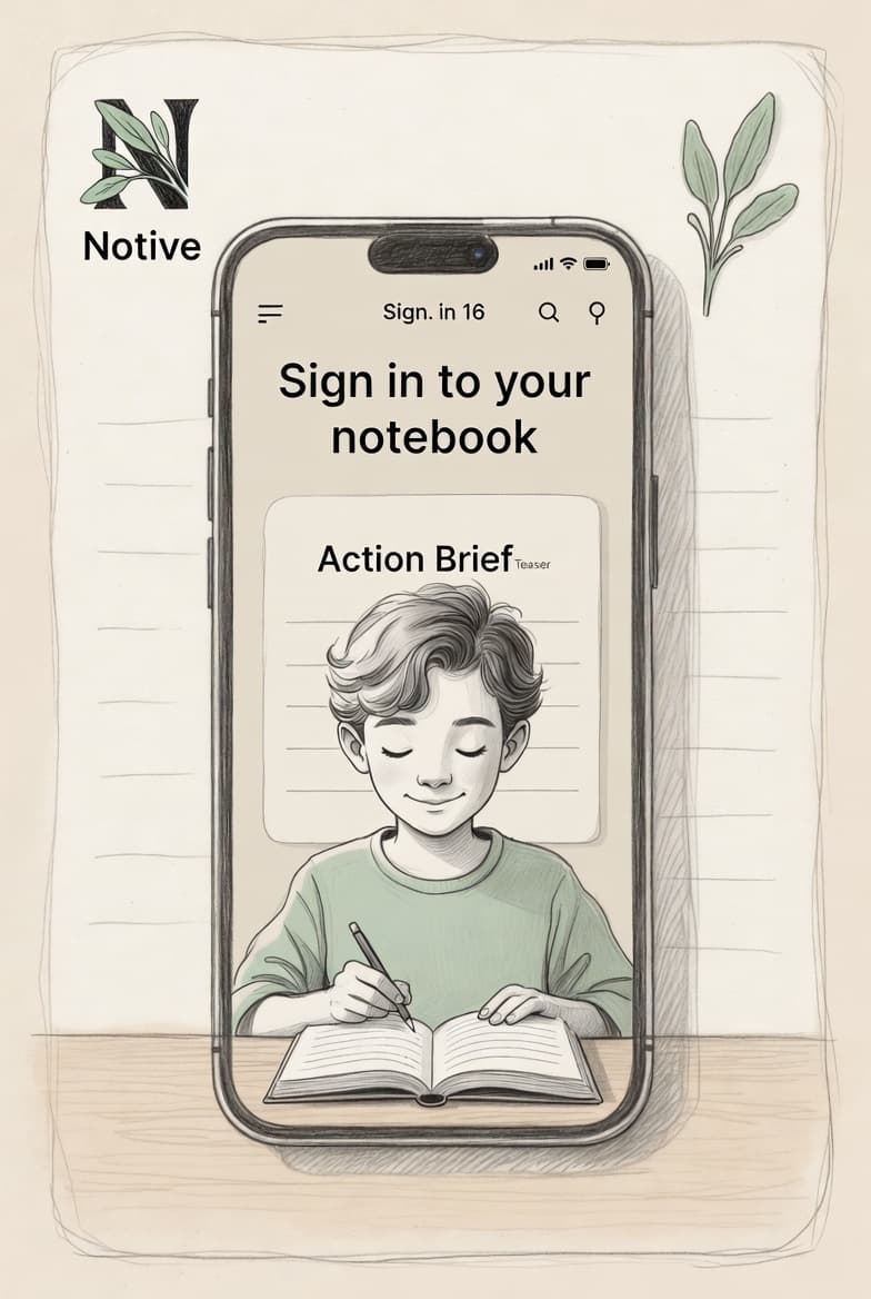 Phone mockup showing a young person opening Notive sign-in with an Action Brief notebook scene, signaling a return to their notebook before signing in.