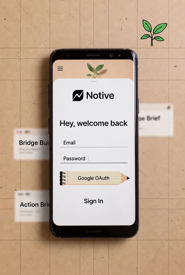 Phone mockup of the Notive sign-in screen with welcome-back form fields, showing the notebook-inspired interface people return to on mobile.